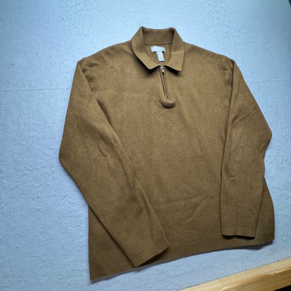 Hickey Freeman Sweater Mens L Brown Quarter Zip Polo Collar Ribbed Knit Rayon